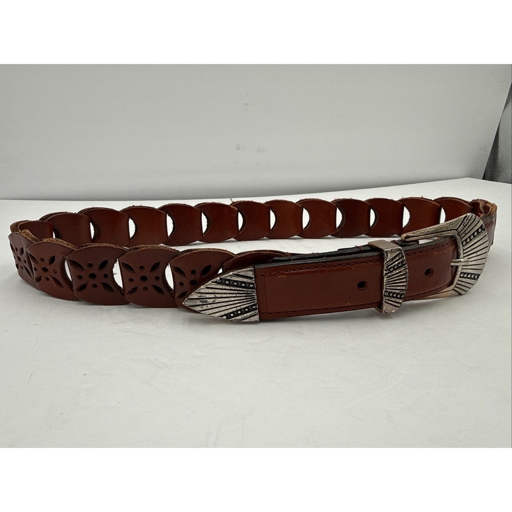 Vtg Y2K Western Ladies Brown Leather Woven Link Belt‎ Silver Buckle Sz M